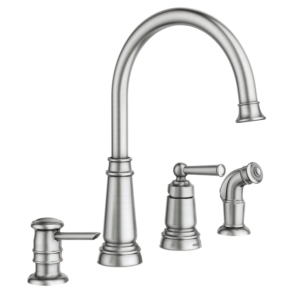 Moen Edison full faucet in spot-resist finish with high arc spout.