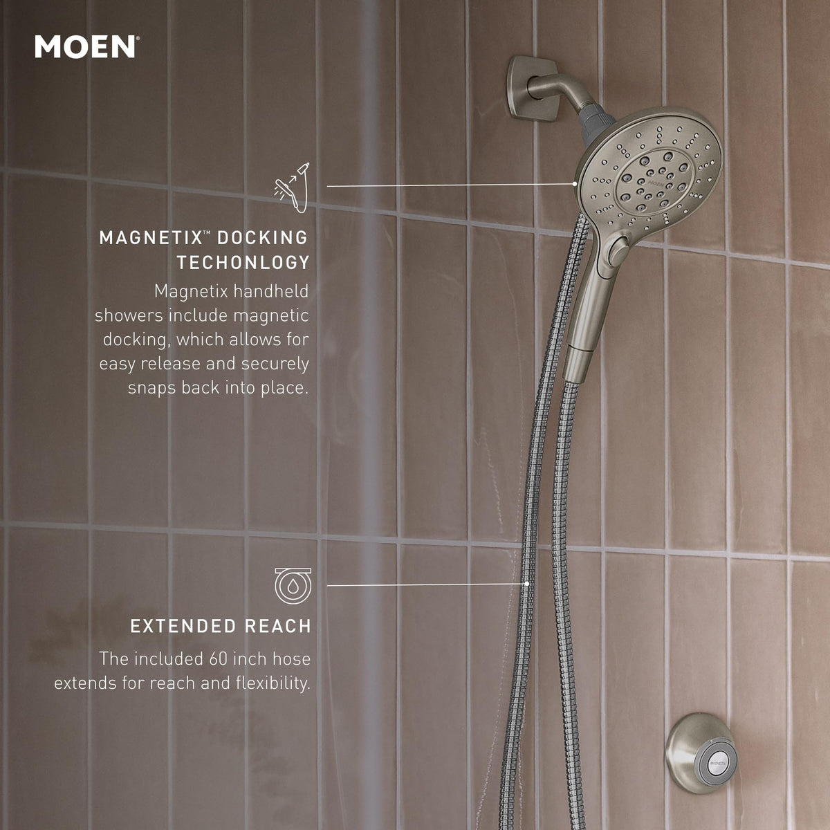 Moen Engage chrome 60-inch kink-free hose for easy reach during cleaning and rinsing.