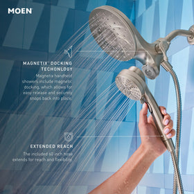 Moen Engage Magnetix magnetic dock close-up for quick handheld detachment.