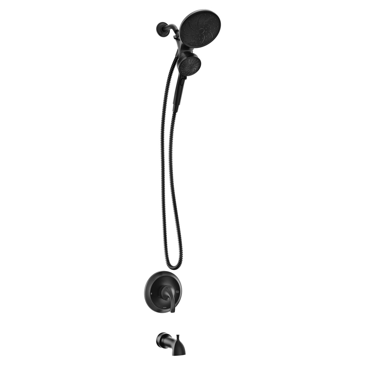 Moen Engage Magnetix rainfall head in matte black for luxurious showers.
