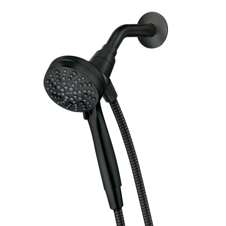 Moen Engage magnetix matte black showerhead shown for versatile fixed and handheld use.