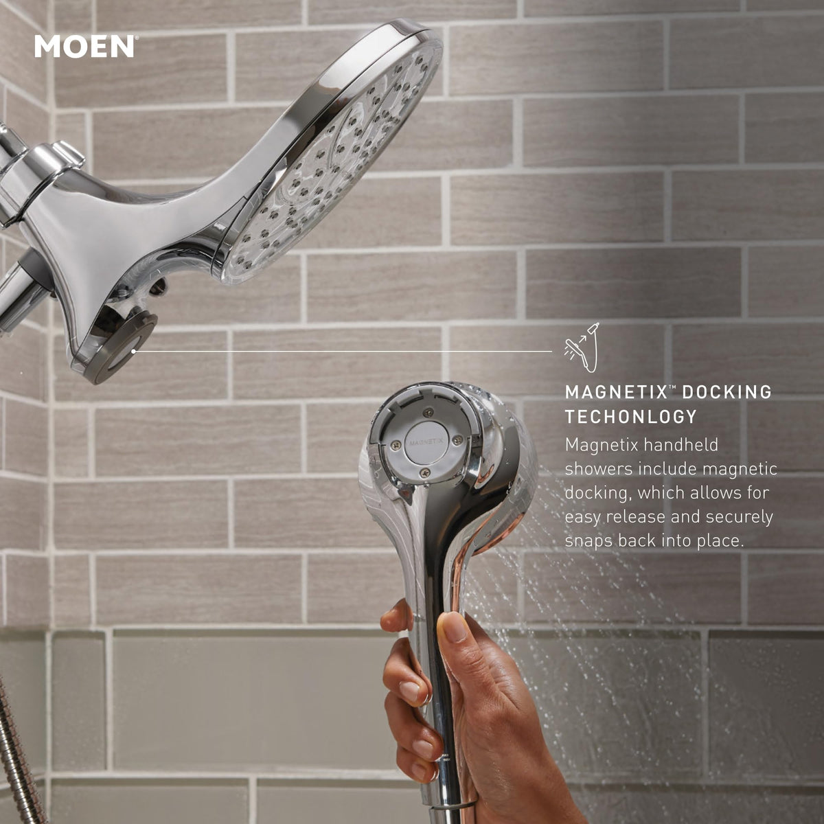 Ergonomic handle on Moen handheld shower head provides comfortable grip during use.