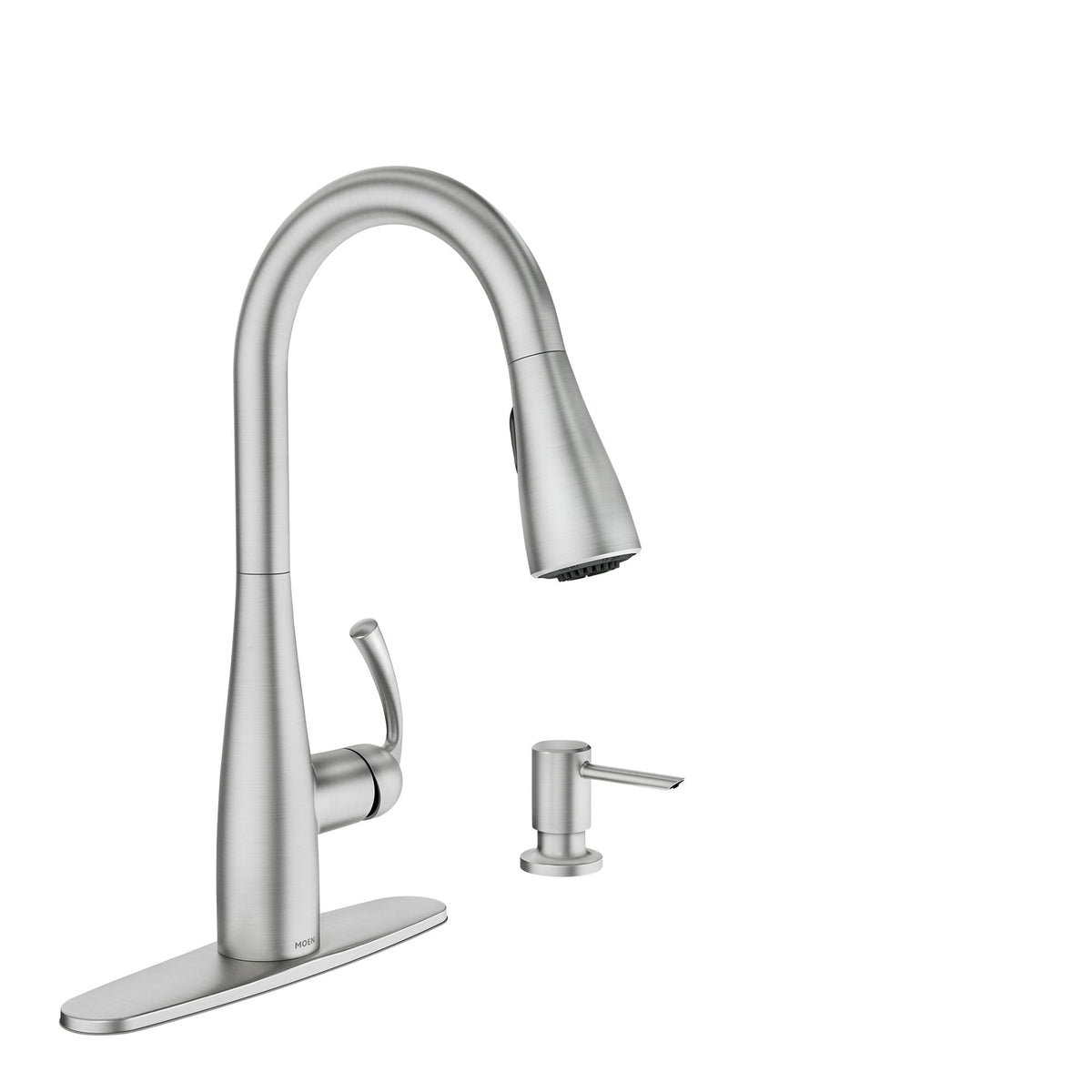 Moen Essie pulldown faucet spout with ample reach for large pots.
