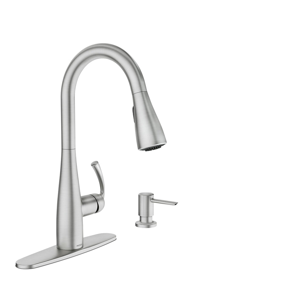 Moen Essie pulldown faucet spout with ample reach for large pots.