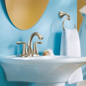 Moen Eva bathroom hardware display with towel ring and accessories.
