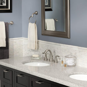Moen Eva brushed nickel finish texture highlighting warm metallic tone.