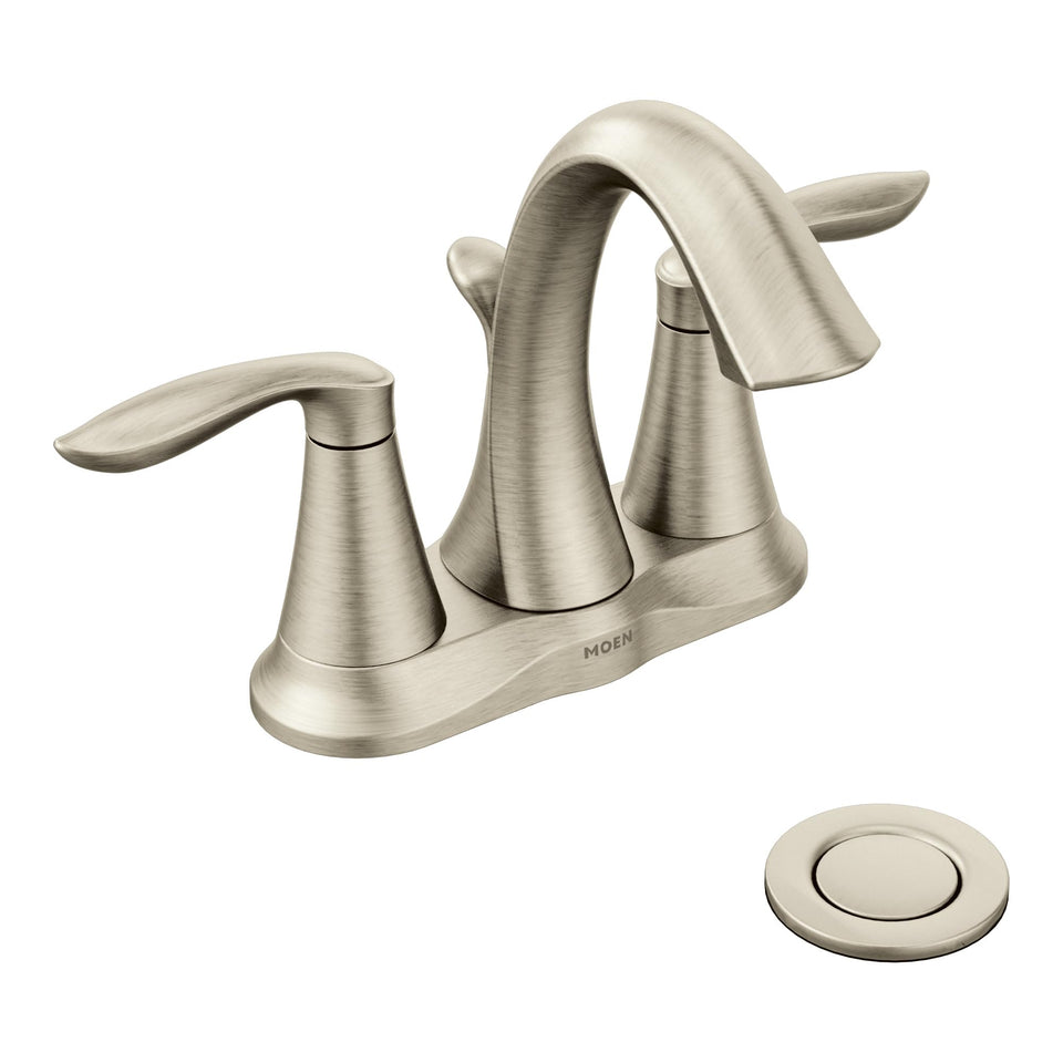 Moen Eva brushed nickel faucet front view with two-handle temperature control