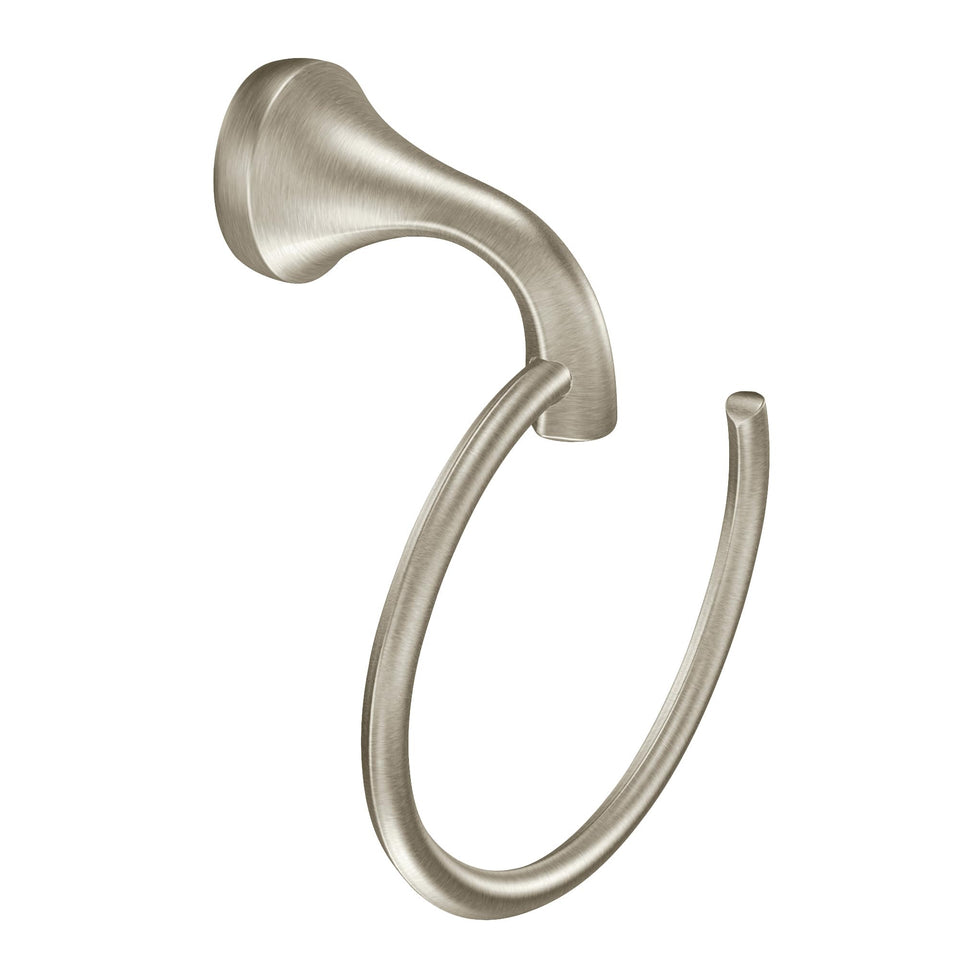 Moen Eva brushed nickel towel ring on wall, elegant storage solution.