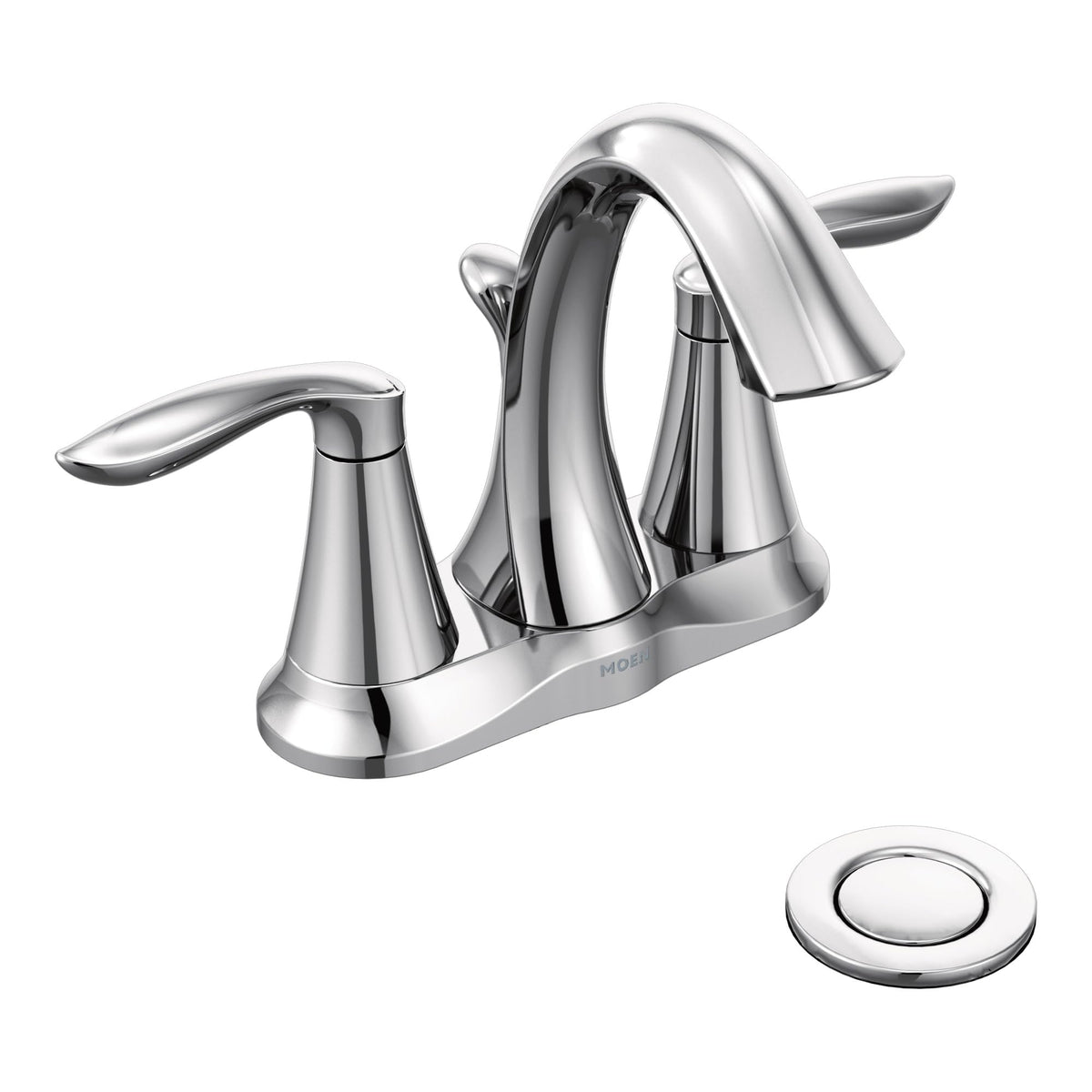 Moen Eva chrome two-handle centerset faucet with spout for reliable daily water control and style.