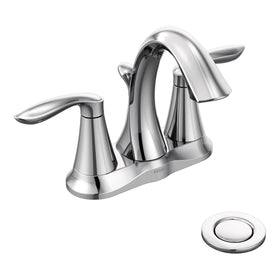 Moen Eva chrome two-handle centerset faucet with spout for reliable daily water control and style.