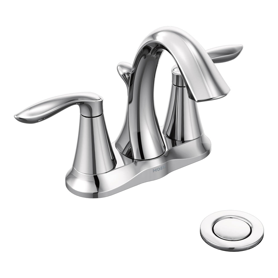 Moen Eva chrome two-handle centerset faucet with spout for reliable daily water control and style.