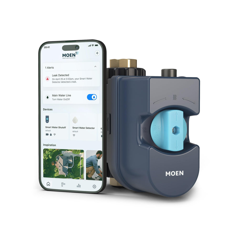 Moen Flo 900-001 front view showing compact smart shutoff ready for home installation
