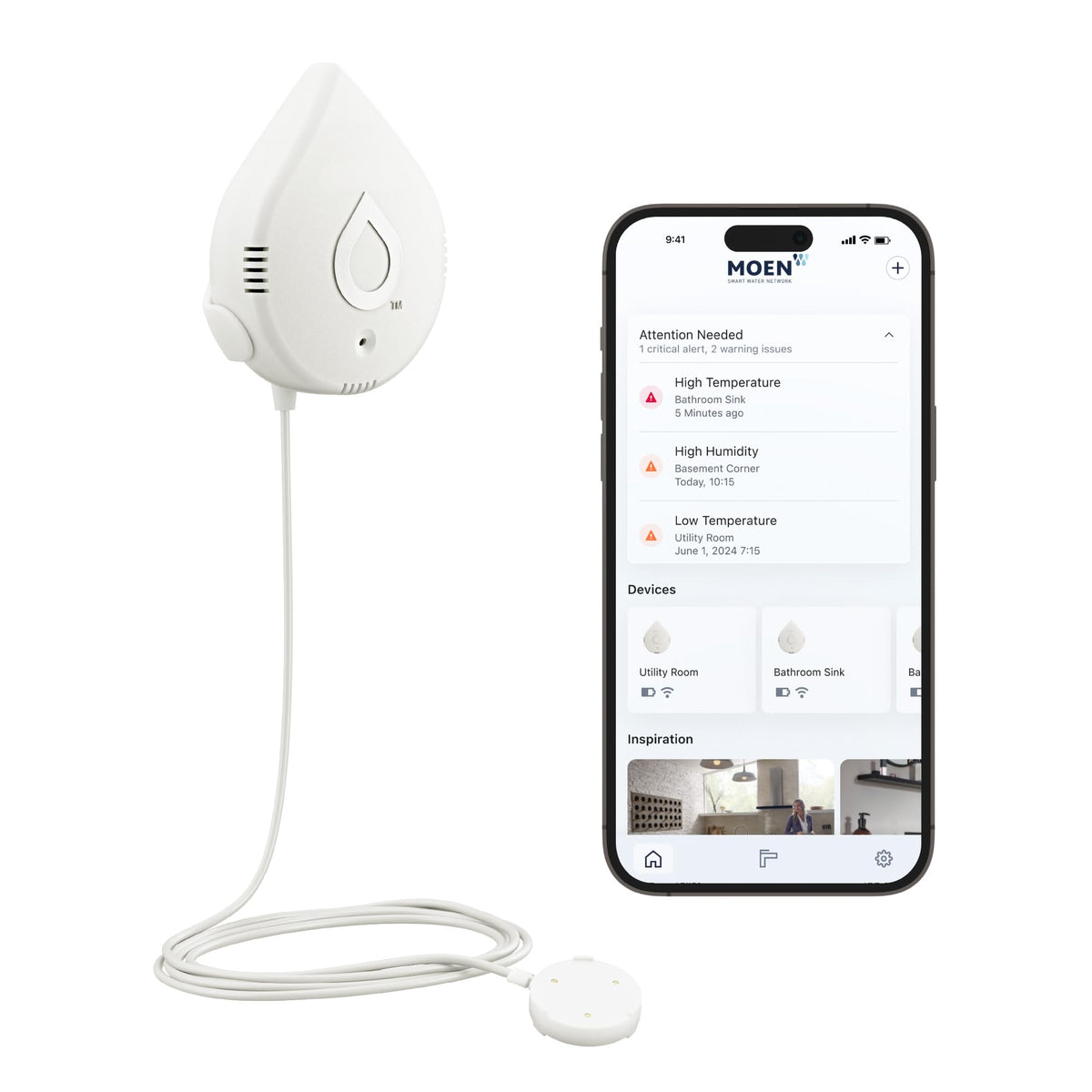 Moen Flo leak detector on tabletop with proactive moisture alerts.