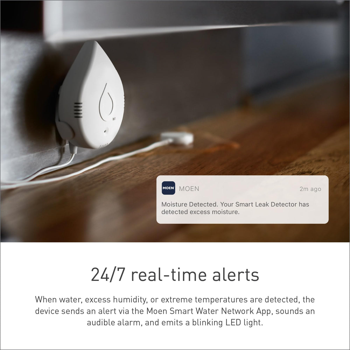 Three-pack Moen Flo detectors enable continuous home moisture monitoring for multi-room coverage.