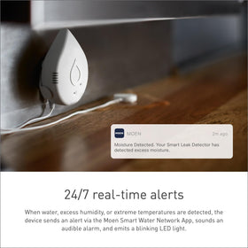 Three-pack Moen Flo detectors enable continuous home moisture monitoring for multi-room coverage.