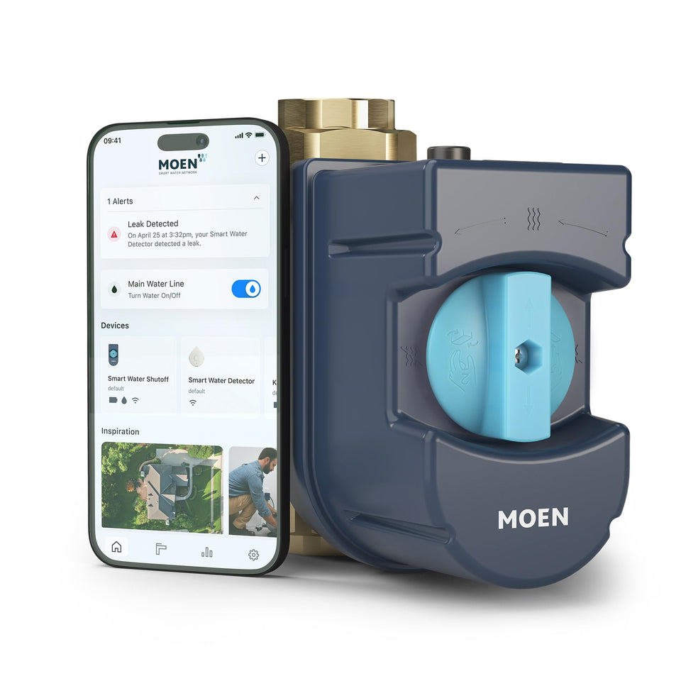 Moen Flo smart water monitor shutoff visualizes live flow on the app for peace of mind.