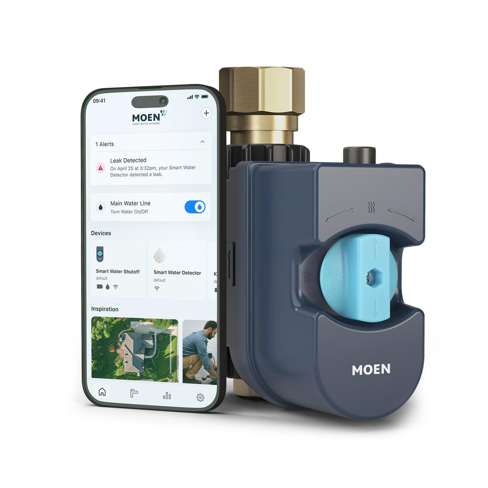 Moen Flo smart water monitor valve front view with automatic shutoff.