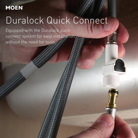 Moen four-hole installation illustrating complete faucet fit.