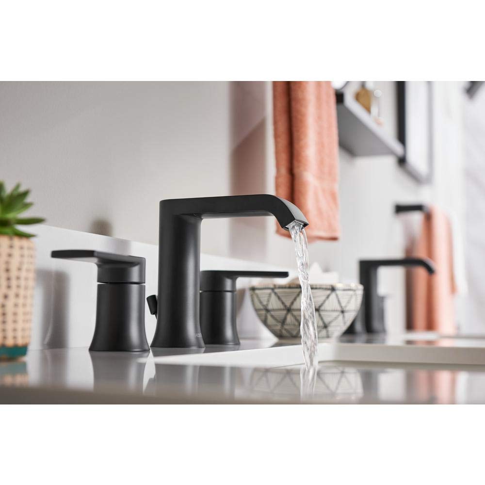 Moen Genta 84763BL shows 8-inch widespread span for versatile vanity compatibility.