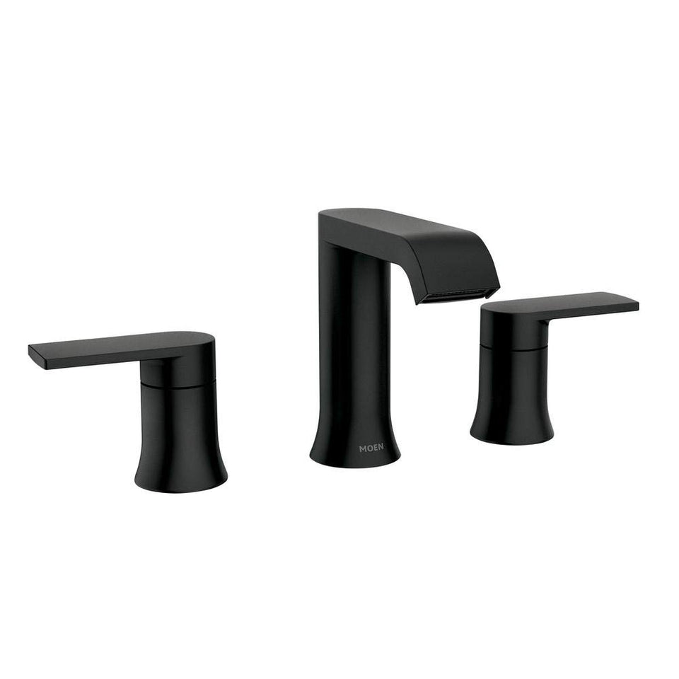 Moen Genta 84763BL full faucet installation beside sink with durable Matte Black finish.