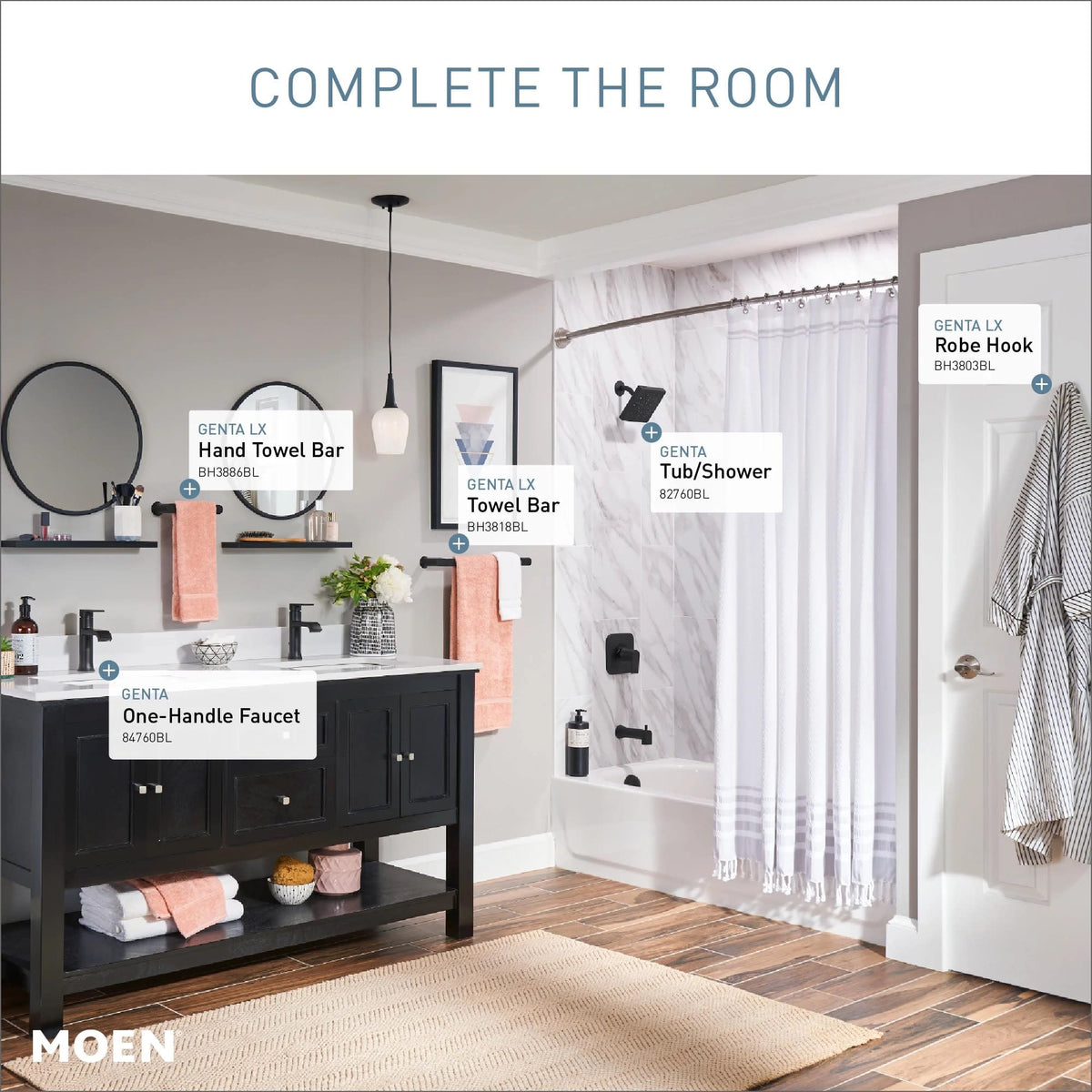Moen Genta LX coordinates with other Genta fixtures in matte black