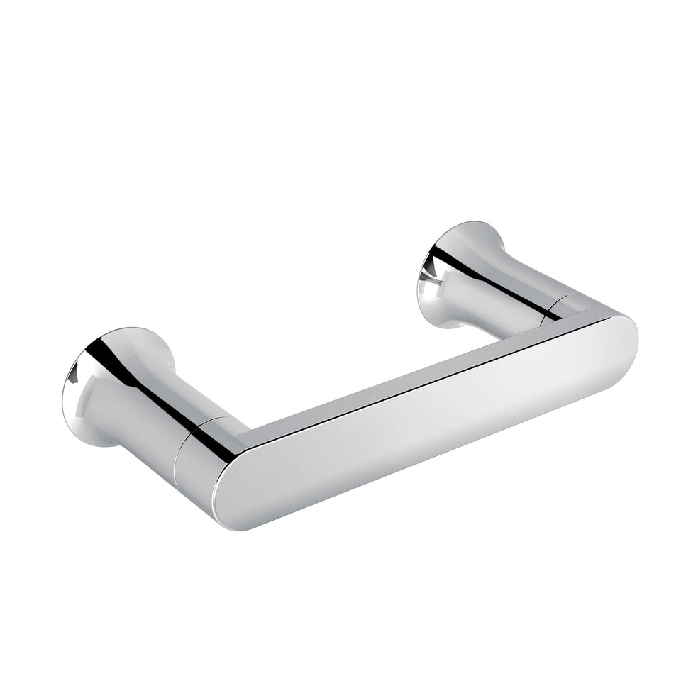 Moen Genta LX wall-mount pivoting toilet paper holder enables easy roll changes.