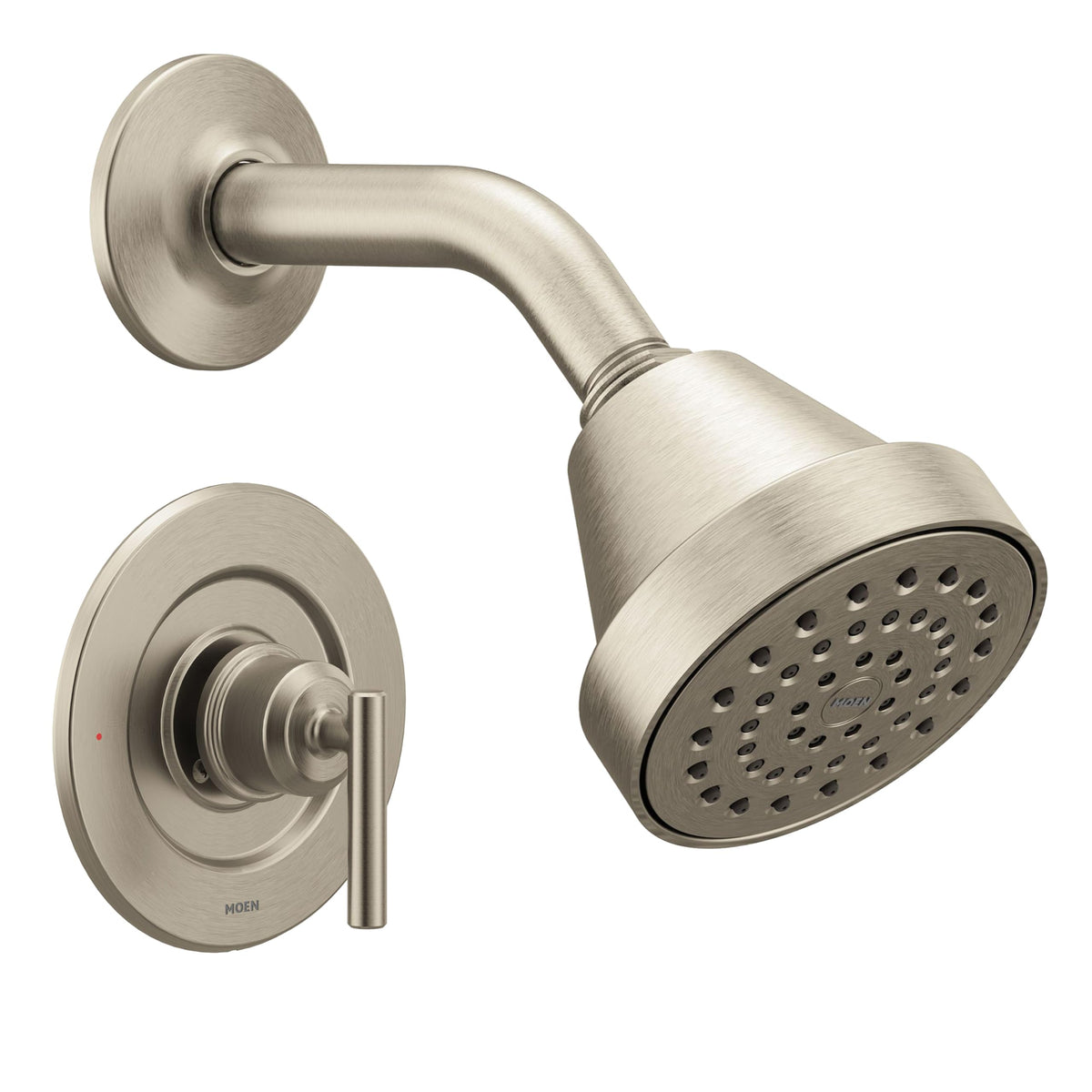Moen Gibson brushed nickel rain head for spa-like showers.