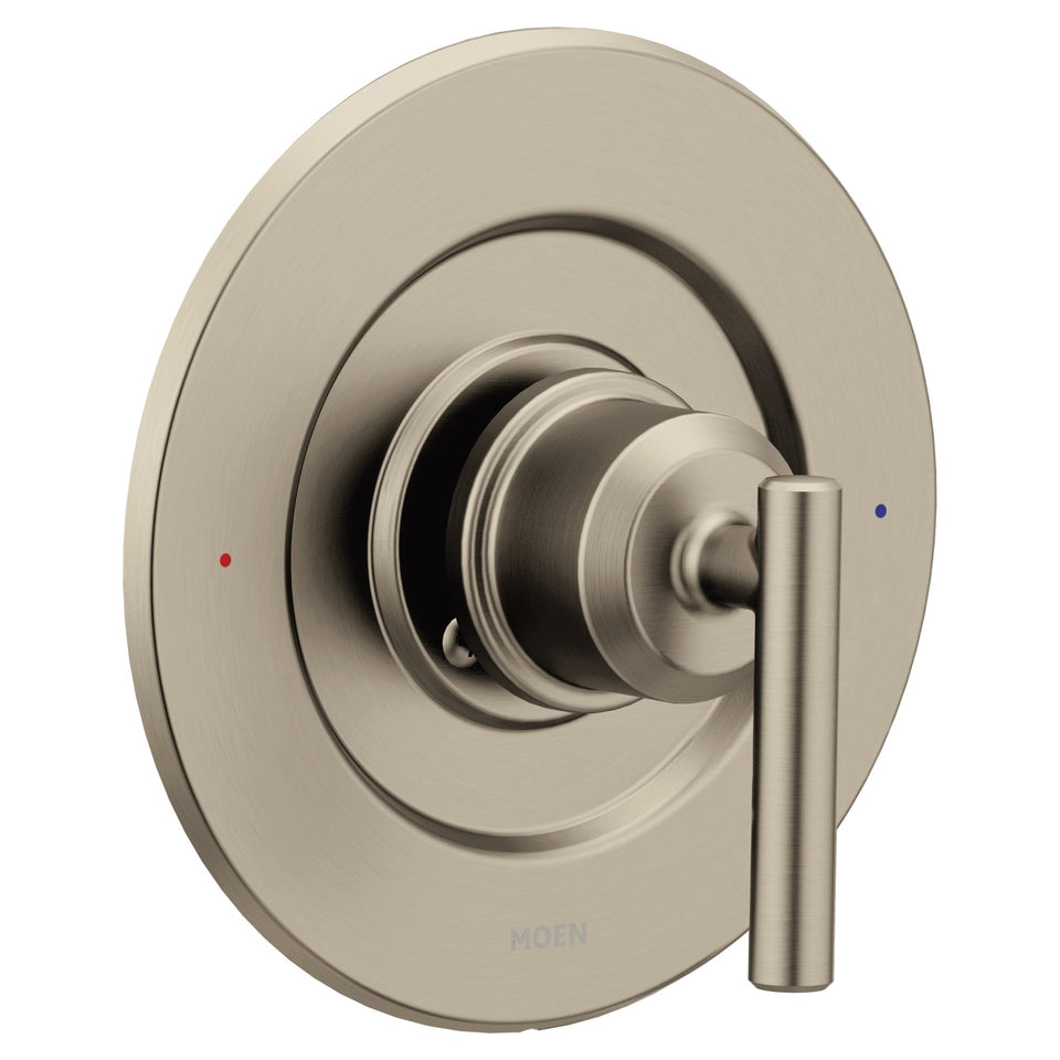 Moen Gibson chrome Posi-Temp handle close-up showing precise water control.