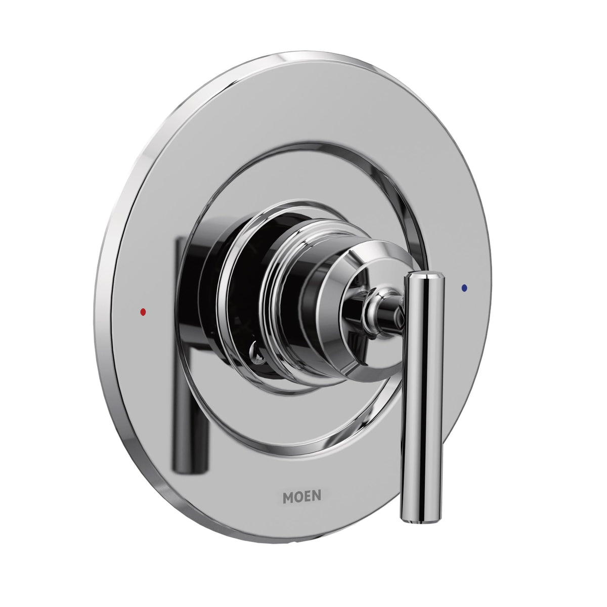 Moen Gibson chrome posi-temp valve trim close-up showing durable finish for shower