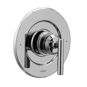 Moen Gibson chrome posi-temp valve trim close-up showing durable finish for shower
