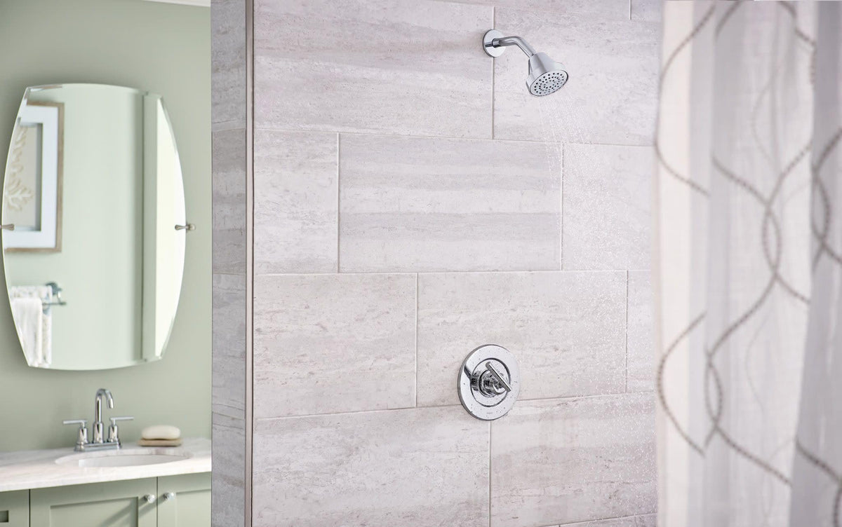 Moen Gibson chrome shower handle close-up highlighting sleek modern design