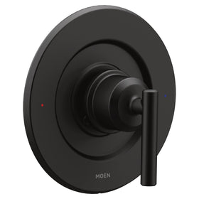 Moen Gibson matte black handle close-up showing a modern lever for precise temperature control.