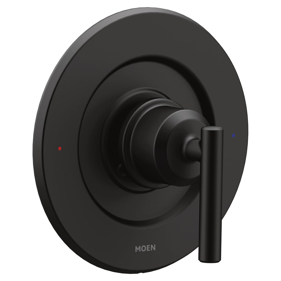 Moen Gibson matte black handle close-up showing a modern lever for precise temperature control.