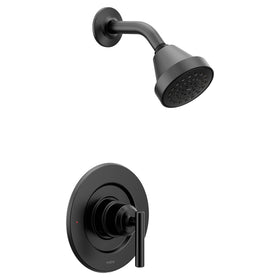Close-up of Moen Gibson matte black lever handle showing smooth control.