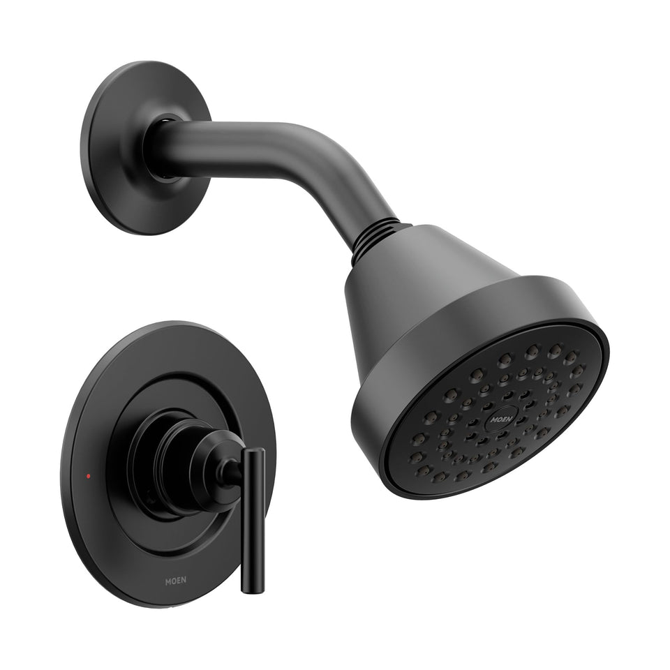 Moen Gibson matte black shower trim seen in a modern bathroom for a bold upgrade.