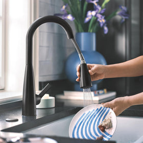 Moen Haelyn kitchen set view shows coordinated faucet and dispenser setup.