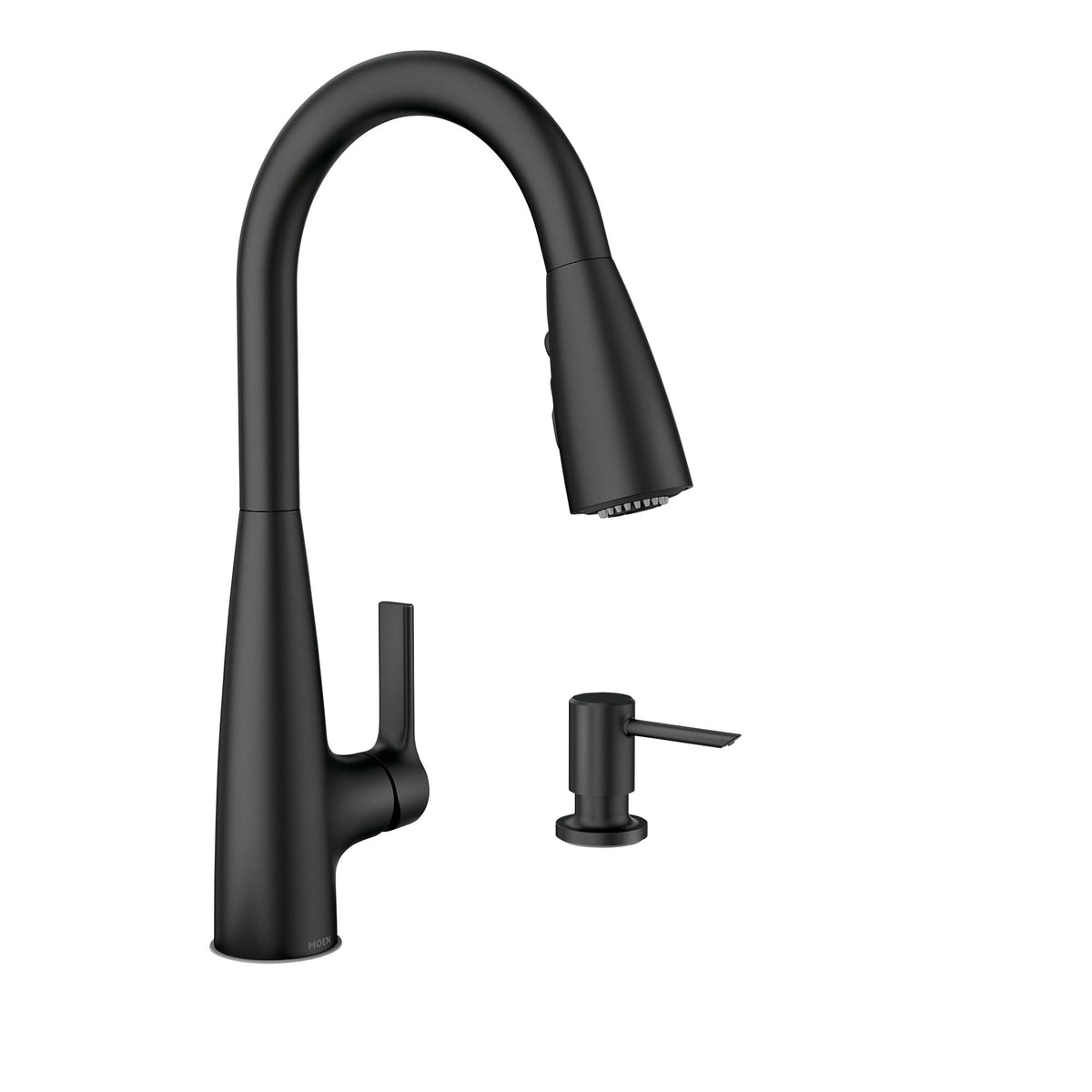 Moen Haelyn matte black faucet front view emphasizes a modern kitchen aesthetic.