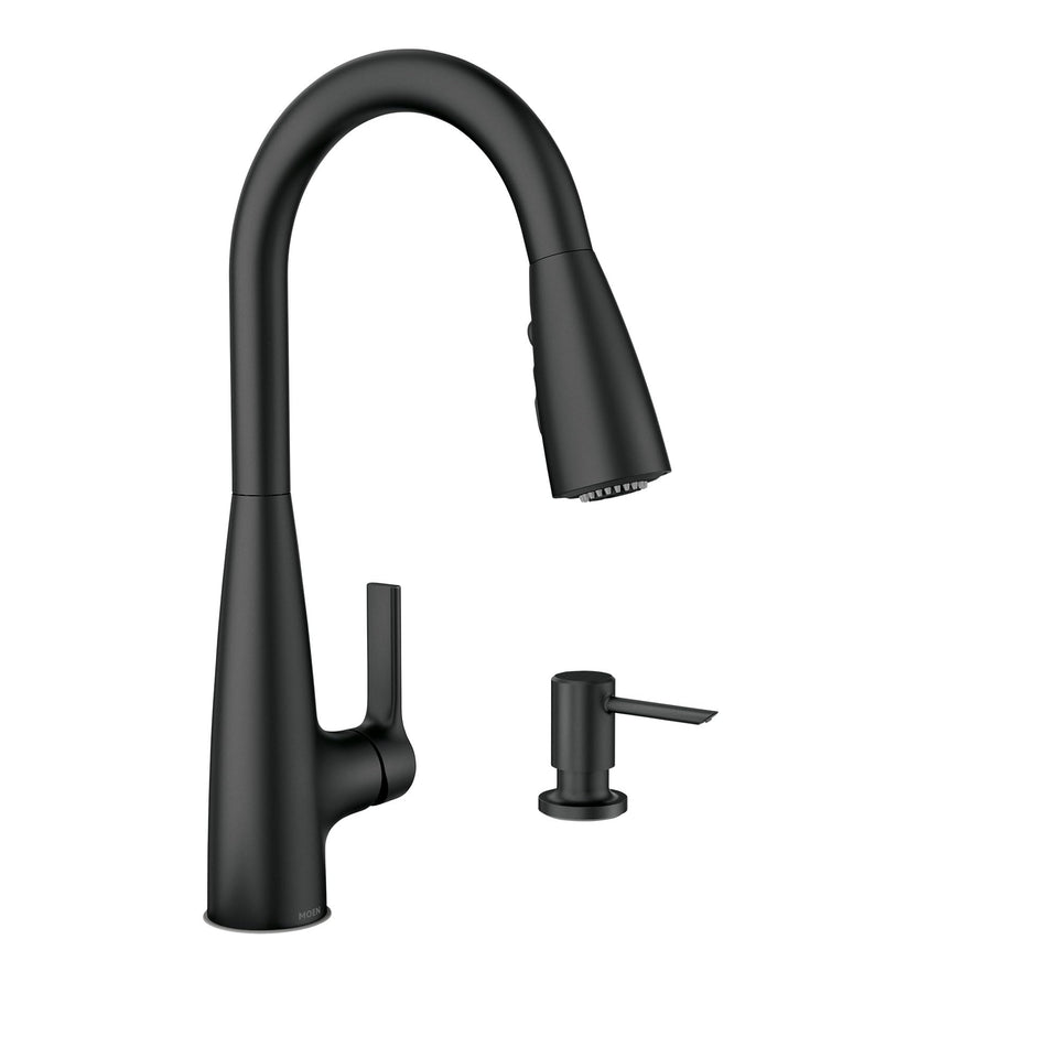 Moen Haelyn matte black faucet front view emphasizes a modern kitchen aesthetic.