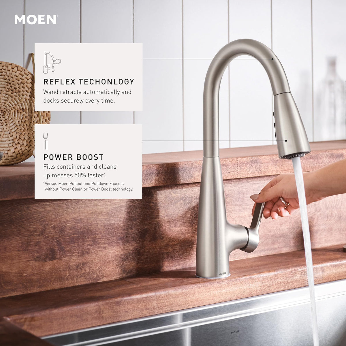 Moen Haelyn pull-down sprayer showcases versatile spray for quick kitchen tasks.