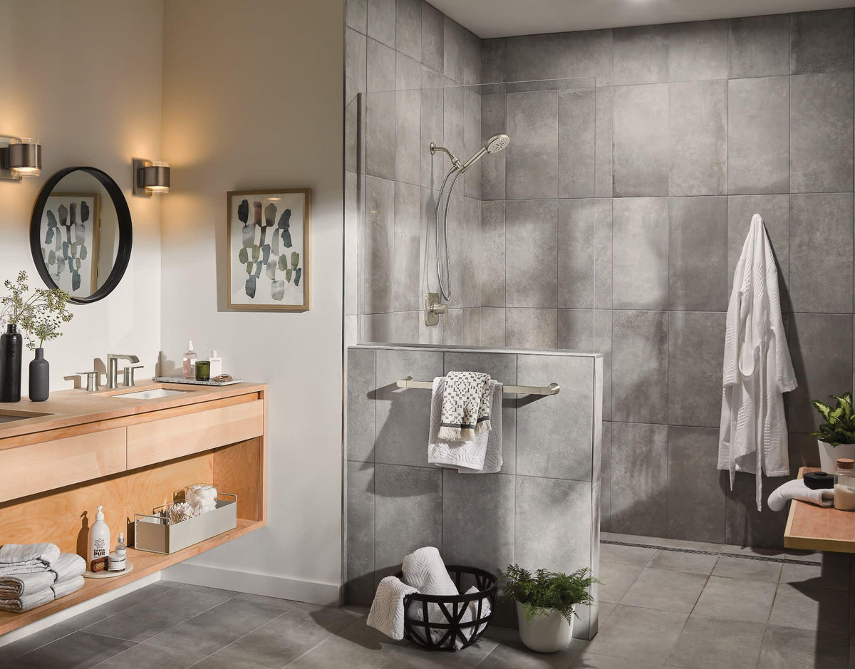 Moen 8-spray settings for personalized cleansing and relaxation routines.