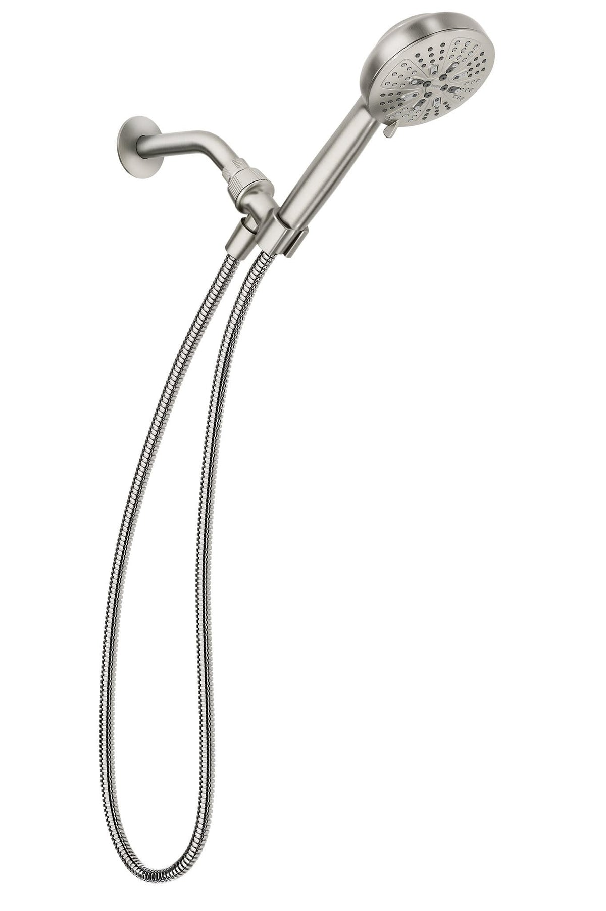 Moen Hydro Energetix handheld sprayer with long hose enables flexible cleaning.