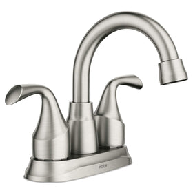Moen Idora faucet in spot-resist brushed nickel, front view, clean appearance.