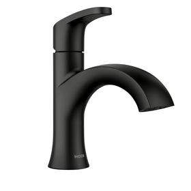 Moen Karis Black Matte faucet front view shows a sleek single-hole design.