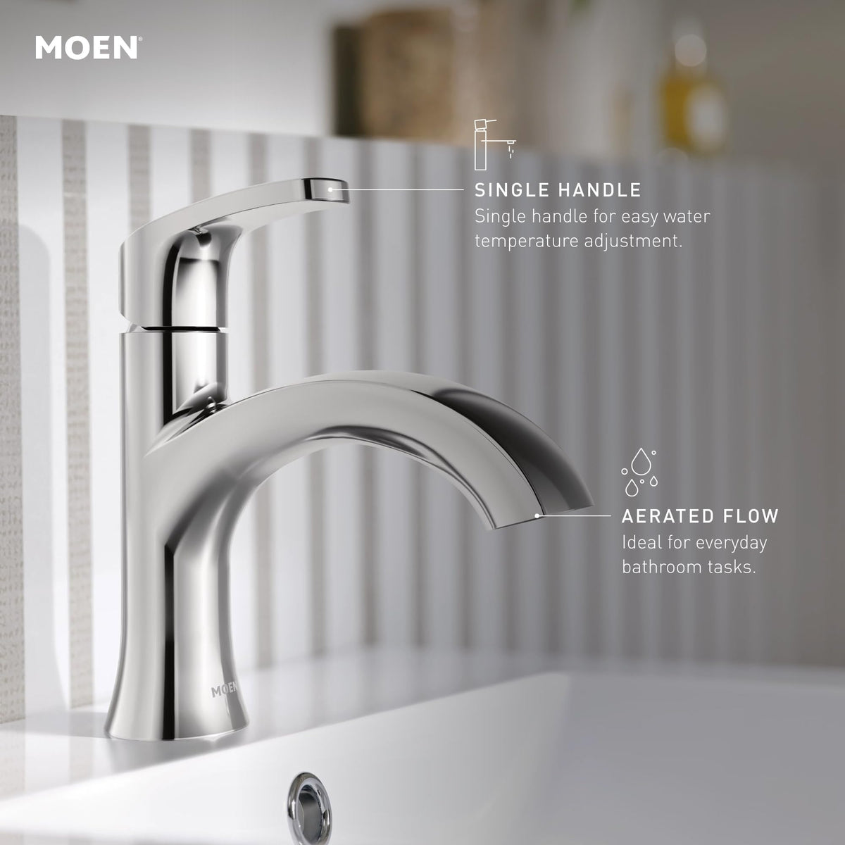 Moen Karis faucet handle control highlights easy temperature and flow adjustment.