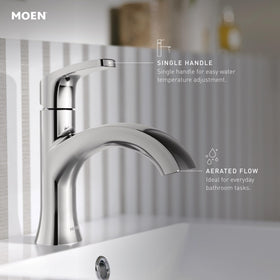 Moen Karis faucet handle control highlights easy temperature and flow adjustment.