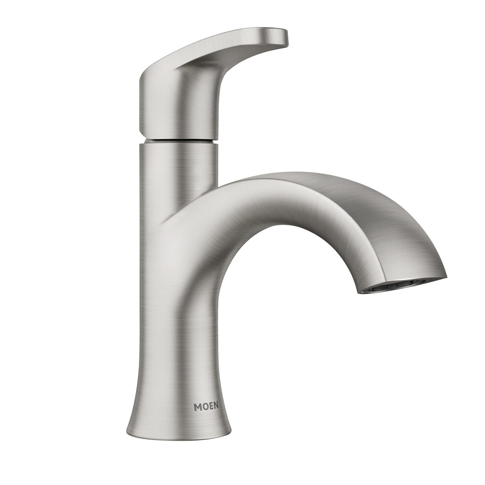Moen Karis faucet close-up with Spot Resist brushed nickel finish for easy cleaning.