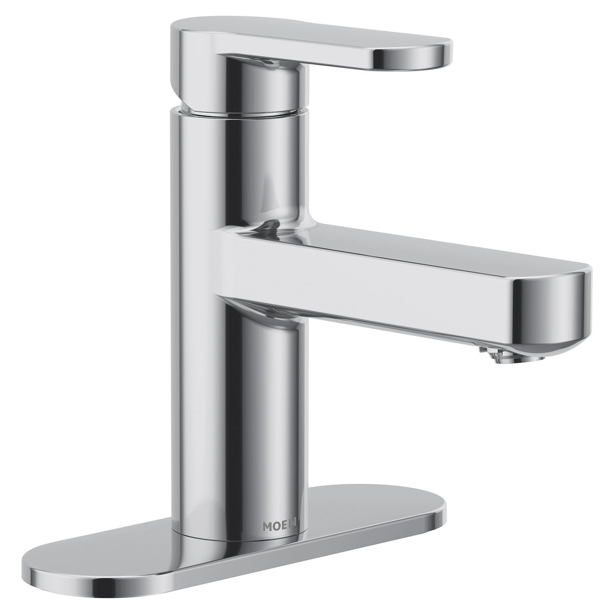 Moen Laris chrome faucet closeup handle showing precise temperature control