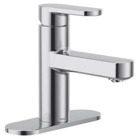 Moen Laris chrome faucet closeup handle showing precise temperature control