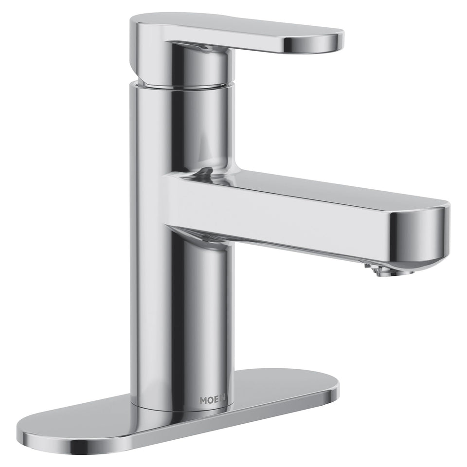 Moen Laris chrome faucet closeup handle showing precise temperature control
