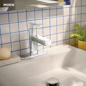 Moen Laris chrome faucet installed on a compact sink saves space
